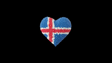 Iceland National Day. June 17. Republic Day. Heart shape made out of shiny sphere on black background. 3D rendering.の写真素材