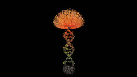 Tree in a shape of a DNA chain. Seasonal transition on black background. Eco Concept. 3D rendering.