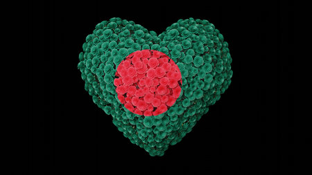 Bangladesh National Day. Independence Day. Heart shape made out of flowers on black background. 3D rendering.の写真素材