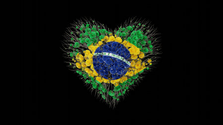 Brazil National Day. Independence Day. Heart shape made out of flowers on black background. 3D rendering.の写真素材