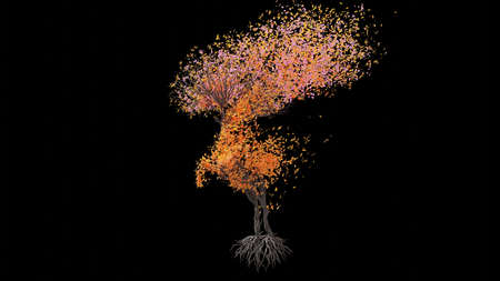 Tree in a shape of a deer. Seasonal transition on black background. Eco Concept. 3D rendering.の写真素材