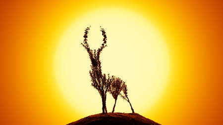 Silhouette of growing tree in a shape of a deer. Sun rays shining through the tree. Eco Concept. 3D rendering.の写真素材