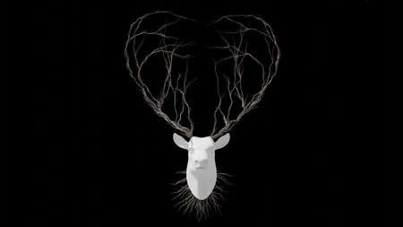 Tree in a shape of a deer head. Seasonal transition on black background. Eco Concept. 3D rendering.の写真素材