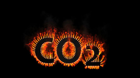 CO2 emissions, ecology concept. CO2 text in fire on black background. Flames of fire going out from letters. 3D Rendering.の写真素材