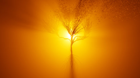 Silhouette of growing tree in a shape of a human brain. Sun rays shining through the tree. Eco Concept. 3D rendering.の写真素材
