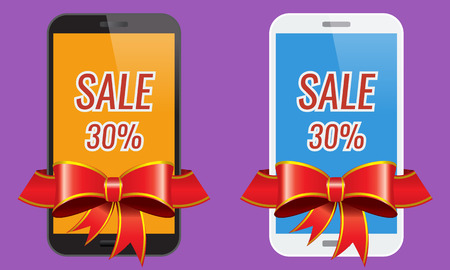 Two modern touch-screen mobile phones with ribbon sale banner. Illustrated vector.のイラスト素材