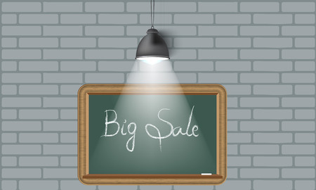 Creative vector big sale background, lamp, spot light from up, empty school blackboard place for your text. Gray brick stone wall.のイラスト素材