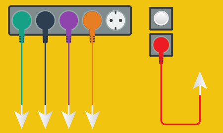 Plug and socket with colored cables and arrow. Design and infographic elementsのイラスト素材