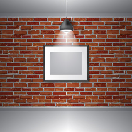 Gallery exhibition interior. Picture frames on brick wall. Ideal background for your design. Vector illustrationのイラスト素材