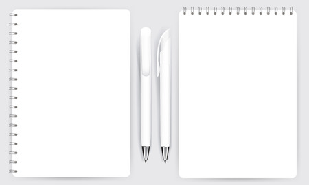 Blank realistic spiral notepad notebook and white pen isolated on white vector. Display Mock up for coporate identity and promotion objects.のイラスト素材