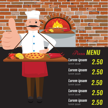 Super Restaurant cafe menu, template design. Food flyer with flat color design. Wood oven fire. Cook showing pizza and thumbs up.のイラスト素材