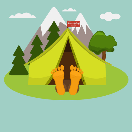 Camping morning. Man is sleeping in a tent. Summer landscape nature with mountain and trees. Legs are out of tent. Weekend in a tent with flag for your title.のイラスト素材