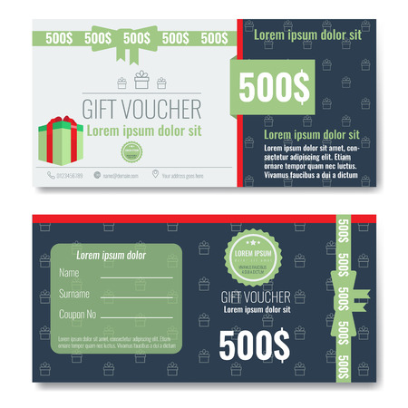 Gift voucher template design with clean, trendy, modern outline gift box pattern and flat color style ribbon bow. illustration with flat color design styleのイラスト素材