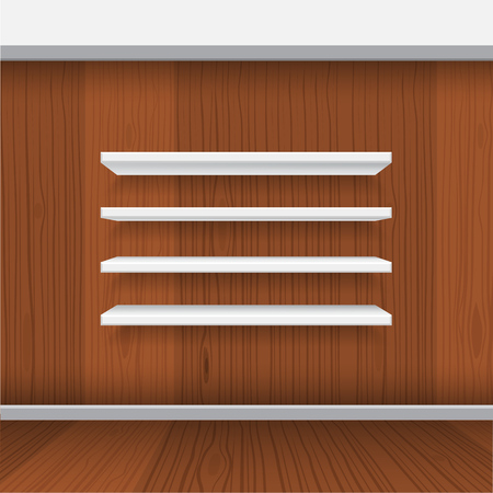 Vector White Empty Shelf Shelves Isolated on Wall Background. Display Mock-up with realistic interior wood wall backgroundのイラスト素材