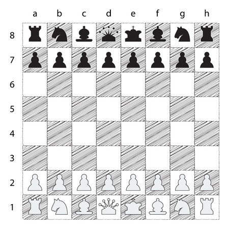 Creative Chess board with chess numbers and chess letters. Chess figures, black and white, vector illustration. Chess board with trendy outline design.のイラスト素材