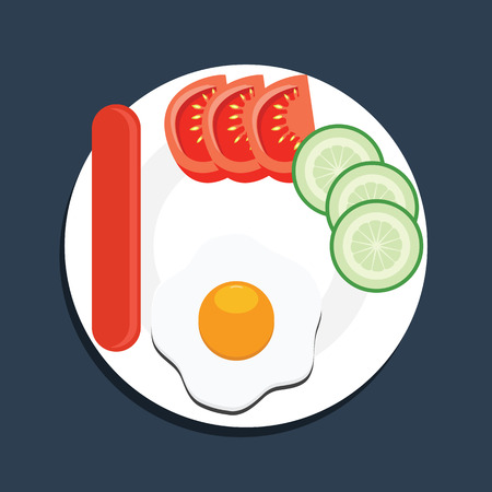 Top view eggs sausage tomato and cucambers on a white plate. Breakfast vector illustration.のイラスト素材