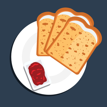Vector illustration of toast bread slices on a plate with jam. Toast bread slices with top view and flat color style.のイラスト素材