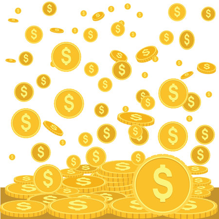 Gold coins falling down vector illustration. Business concept for finances and economics with golden money dropping down. Flat color design.のイラスト素材