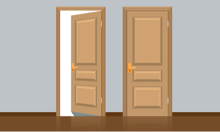 Realistic opened and closed classic wooden door. Flat color style designのイラスト素材