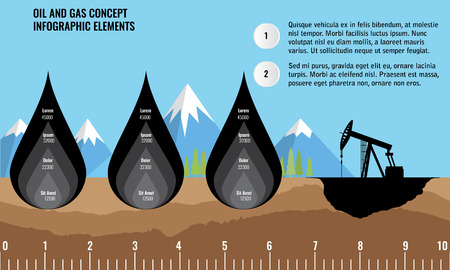 Oil and gas infographic design elements. Oil drop and soil ground and underground layers. Mountain background.のイラスト素材