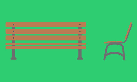 Outdoor Bench Icon with front and side view. Flat color style design. Isolated with solid color backgroundのイラスト素材