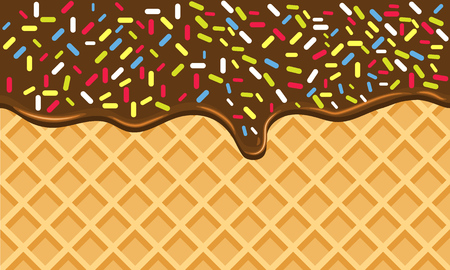 Chocolate Crispy Waffle with Flowing Hot Chocolate with Sprinkles. Dark Black Chocolate Dessert. Wafer Vector Texture. Tasty Food Background with flat color style designのイラスト素材