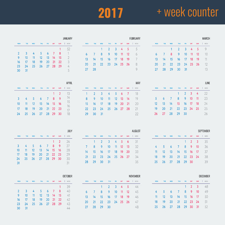 2017 Calendar - illustration Vector template of color 2017 calendar with week counterのイラスト素材
