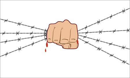 Fist up power. Hand holding barbed wire and breaks it. Fight for freedom. Concept of protest, revolution, refugee. Social theme. Flat color styleのイラスト素材