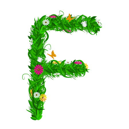 F Green eco letter with leaves and flowers for your design. Flat color style. Spring and summer concept. Vector Illustrationのイラスト素材
