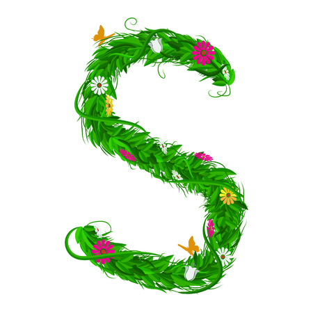 S Green eco letter with leaves and flowers for your design. Flat color style. Spring and summer concept. Vector Illustrationのイラスト素材