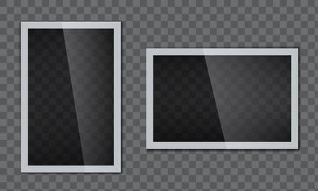 Realistic Glossy Shiny Photo frame with glass effect. White plastic border with transparent background. Vector illustration.のイラスト素材