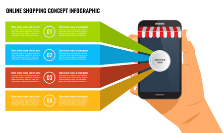 Online shopping infographic template design layout. Hand holding Smartphoneのイラスト素材