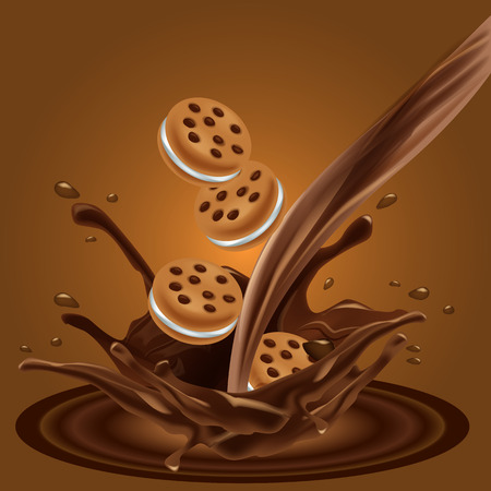 Sandwich chocolate cookies ad, flowing chocolate with cookies. Advertising layout for your package designのイラスト素材