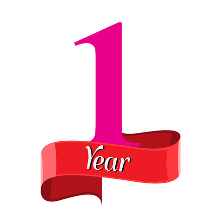 1 year anniversary logo with red ribbon. Flat style vector illustrationのイラスト素材