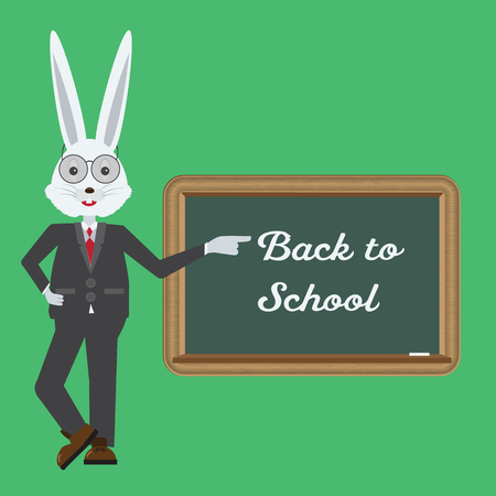 Rabbit teacher showing with hand at blackboard. Back to school concept vecto illustrationのイラスト素材