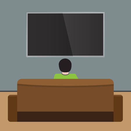 Man watches TV on sofa. Back view. Flat and solid color design Vector illustration.のイラスト素材