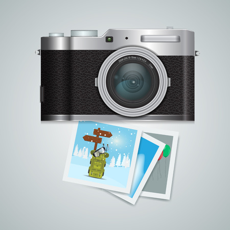 Vector compact photo camera with winter leisure snapshots top view for advertisement layout. Illustrated vector.のイラスト素材