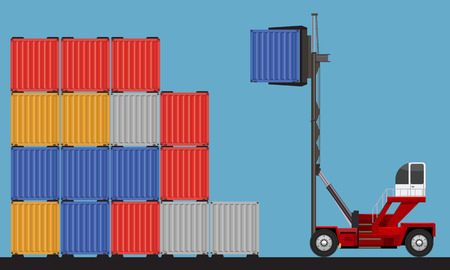 Crane lifting up container in yard. Flat and solid color design vector.のイラスト素材