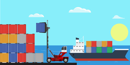 Crane lifting up container in yard. Flat and solid color design vector.のイラスト素材