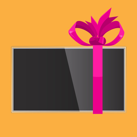 TV gift with pink ribbon wrapped for holidays. Illustrated vector.のイラスト素材