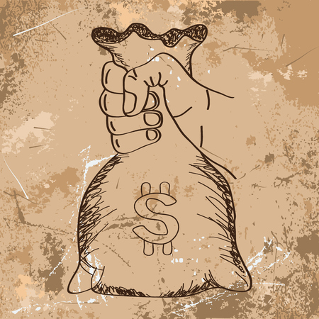 Hand holding money bag vector with line art sketch style with grunge background.のイラスト素材