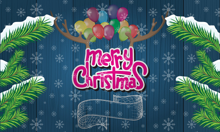 Merry Christmas Lettering Design with deer horn with wood background. Vector illustration.のイラスト素材