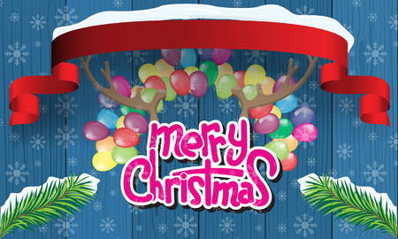 Merry Christmas Lettering Design with deer horn, balloons and ribbon. Creative design for your Christmas background. Vector illustration.のイラスト素材