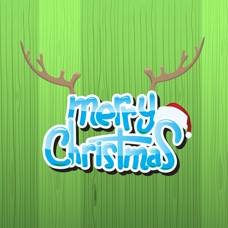 Shiny Merry Christmas text with christmas cap and reindeer horn over wooden background. Illustrated vector.のイラスト素材