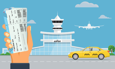 Airport terminal building and yellow taxi. Hand holding two air tickets. Urban background flat and solid color design.のイラスト素材