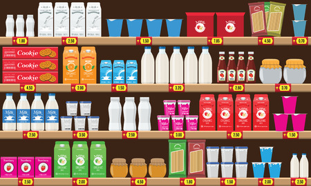 Supermarket, shelf with food and drinks package boxes. Price tag on racks. Illustration with flat and solid color design.のイラスト素材