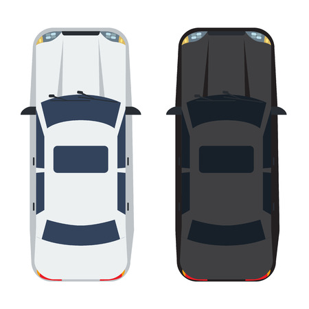 Two white and black Sedan Car with top view. Solid and flat color style design. Illustrated vector.のイラスト素材