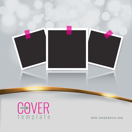 Elegant business cover design background with golden line effect and photo frames and borders. Blur bokeh. Illustrated vector.のイラスト素材