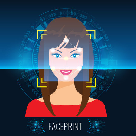 Vector Face Recognition or Faceprint technology scanning womans face with Abstract Tech Background.のイラスト素材