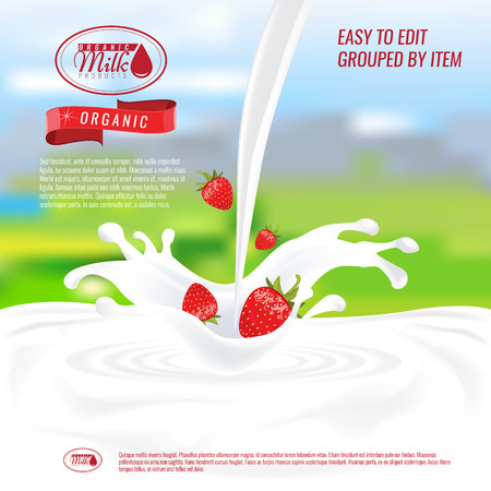 Realistic glass to pour milk splash with strawberry. Empty milk advertisement or banner template for your design. Illustrated vector.のイラスト素材